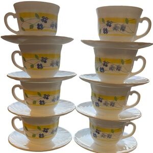 Vintage Arcopal Floral Yellow Blue and White Teacup Set of 8